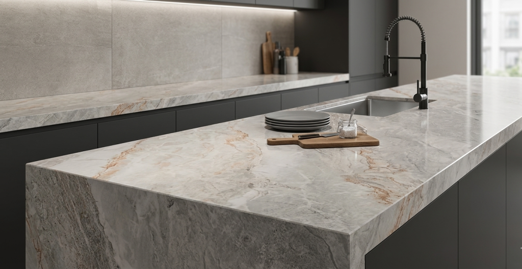 Mesón de cocina en porcelanato tipo mármol con acabado elegante