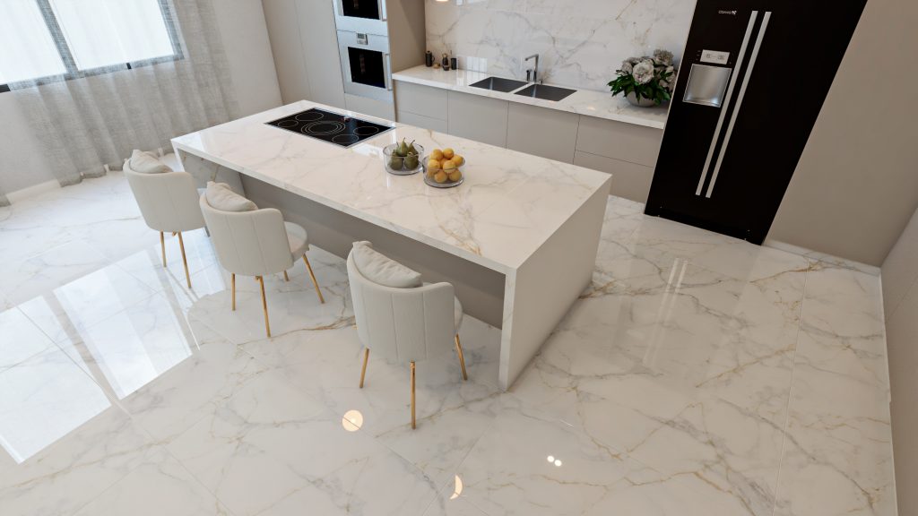 Cocina contemporánea con mesón Ceranatto de gran formato y acabado inspirado en piedra natural.