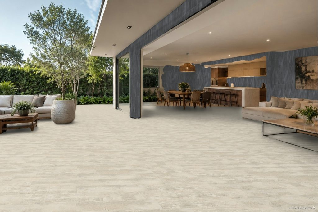 Terraza contemporánea con superficies Ceranatto que integran el espacio exterior con el diseño del hogar.