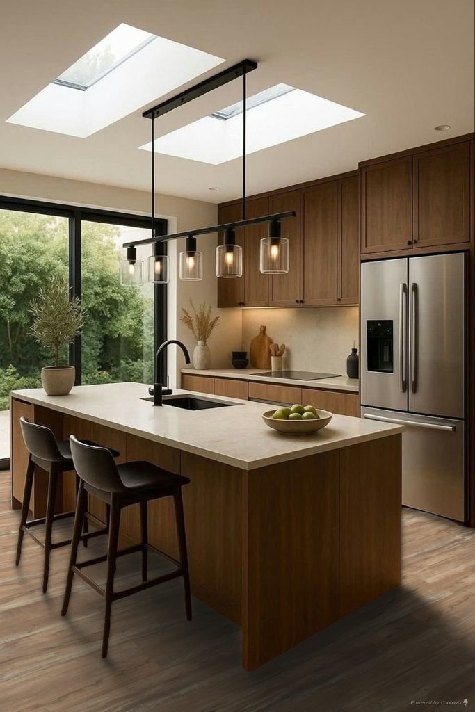 Cocina contemporánea con isla central y mesón de gran formato en tonos cálidos, diseñada para crear espacios elegantes, funcionales y visualmente amplios.