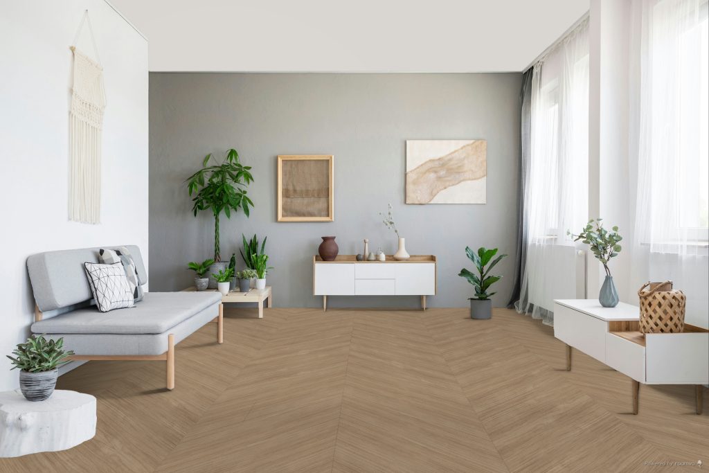 Materiales transforman la sensación de un espacio con piso Cedrus Dual en sala contemporánea.