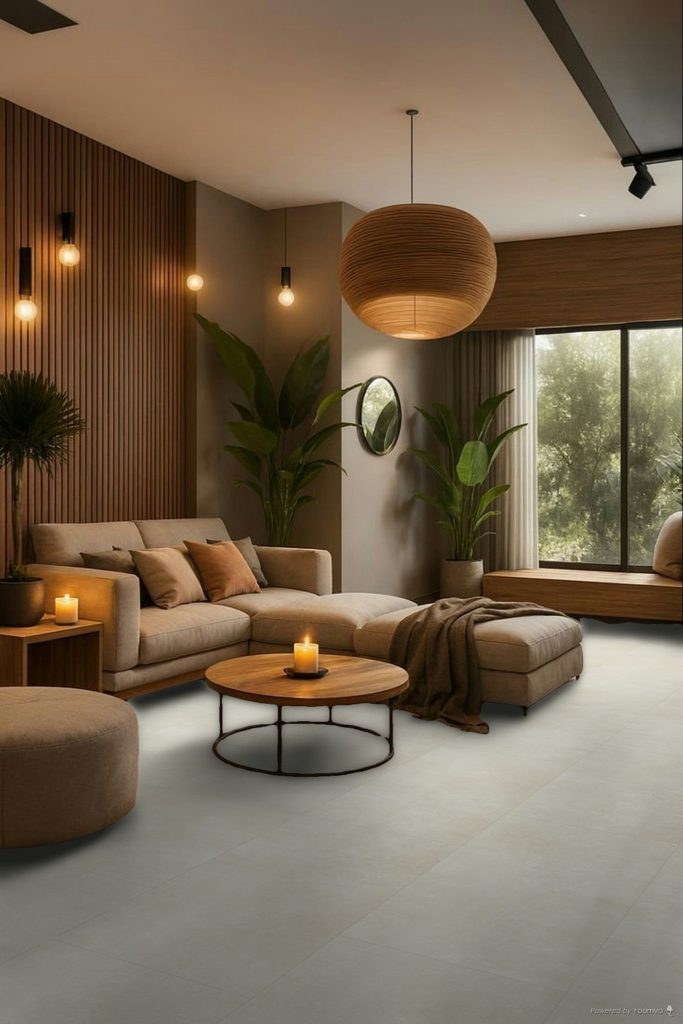Sala contemporánea con tonos beige y materiales naturales que reflejan la tendencia 2026 hacia espacios cálidos, elegantes y conectados con la naturaleza.