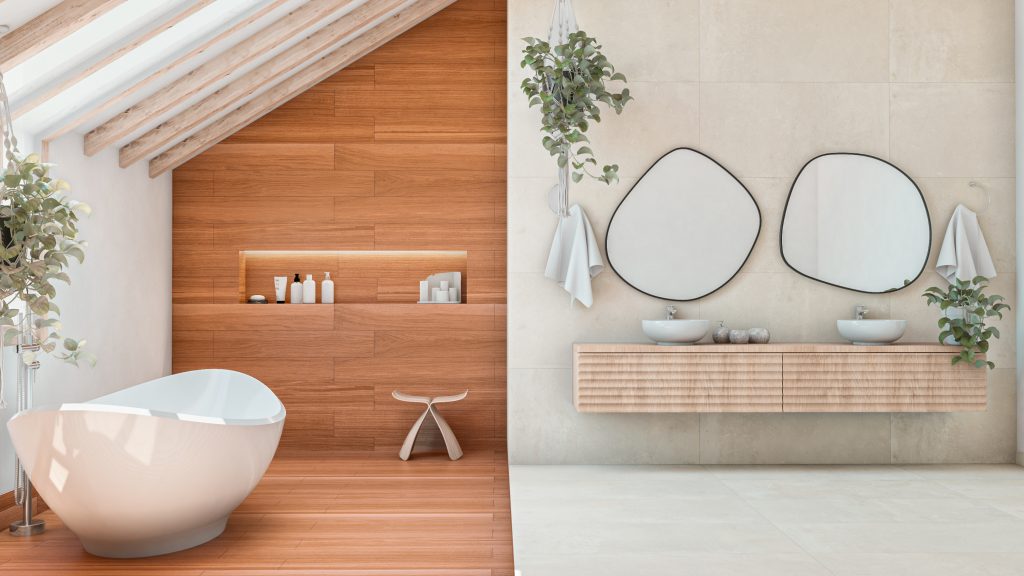 Baño moderno revestido con Ceranatto en paredes y superficies, con diseño sofisticado y minimalista.