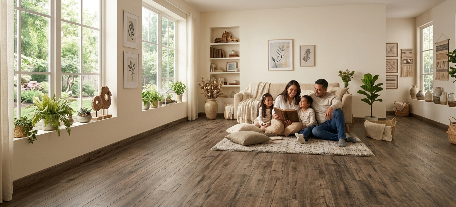 Tendencias de interiorismo 2026 en sala familiar con piso Laurel y ambiente cálido y natural.