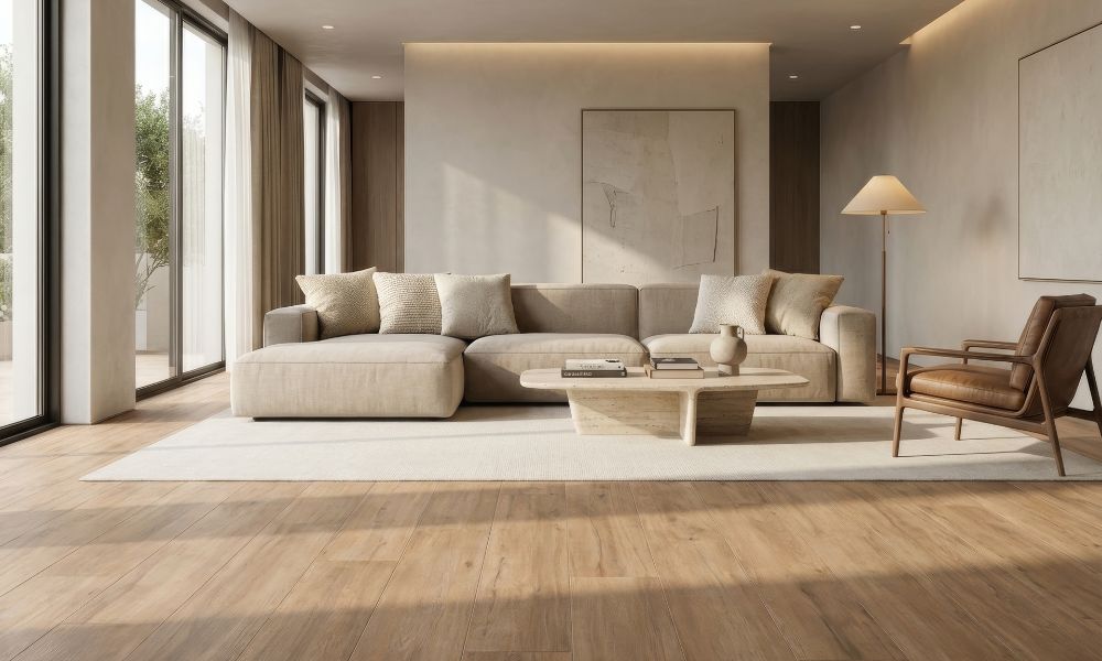 Sala moderna con porcelanato tipo madera Arbor Dual 29x118.4 Rectificado, tonos cálidos y diseño minimalista inspirado en la tendencia quiet luxury y espacios luminosos.
