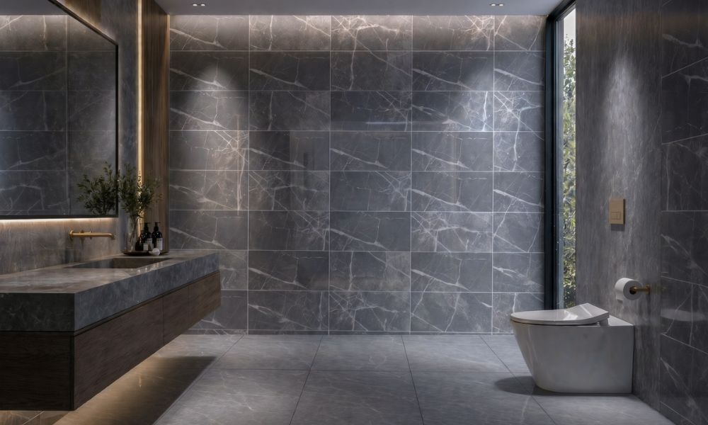 Baño contemporáneo con revestimiento Argos 30x60 en tonos oscuros tipo piedra, iluminación cálida y diseño elegante inspirado en ambientes tipo spa.