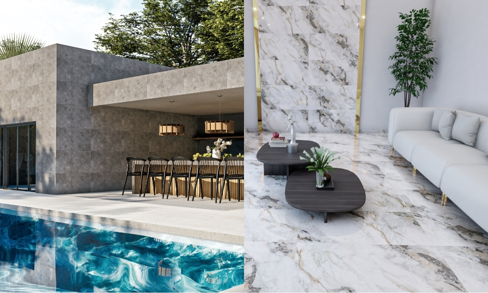 Sala moderna con piso Ceranatto de gran formato que aporta amplitud y diseño contemporáneo.
