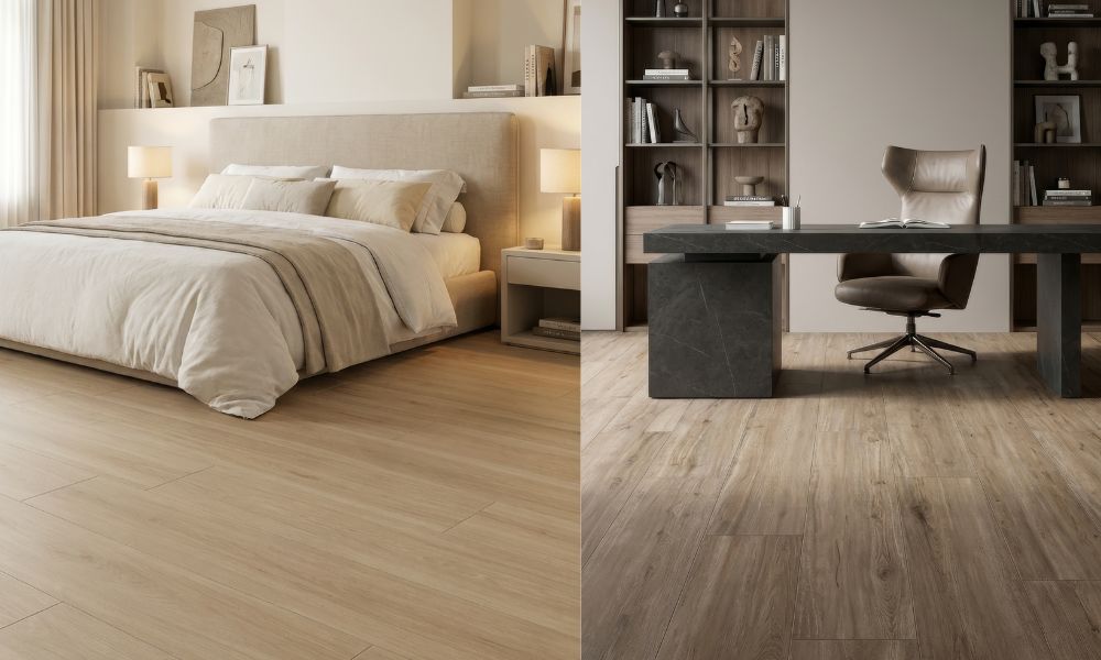 Habitación y estudio con porcelanato tipo madera inspirados en un hogar cálido y natural