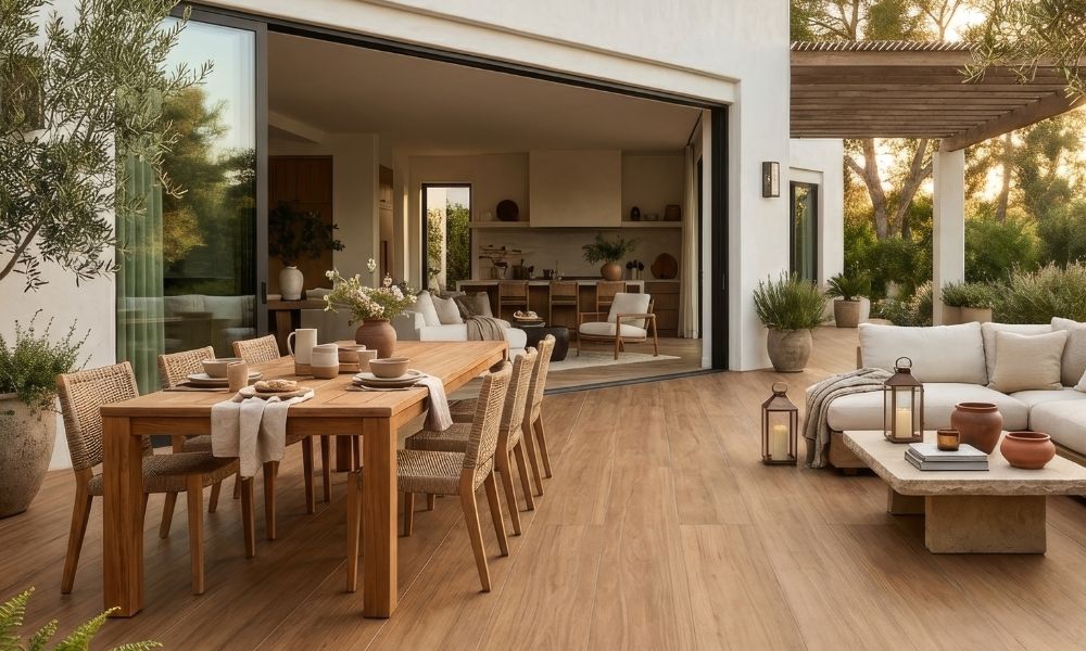 Continuidad visual entre interior y exterior con Ocrea Dual, inspirada en espacios más cálidos, amplios y conectados con la naturaleza.