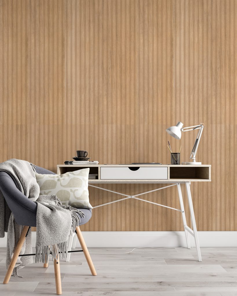Revestimiento estructurado tipo madera en muro interior, tendencia de texturas para muros 2026.