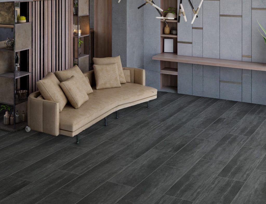 acabado porcelánico pared en mate con Ceranatto Neutra Dark en sala moderna