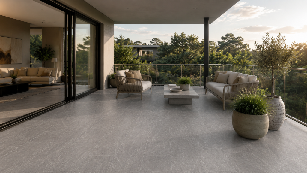 Piso gris Zona Dual 30x60 en terraza contemporánea conectada con el interior.