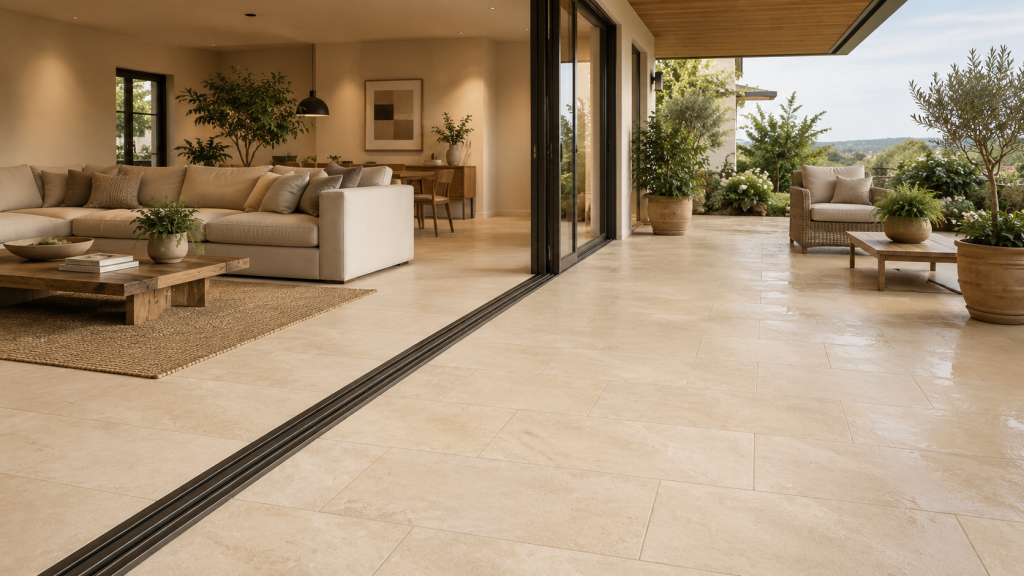 Piso Zona Dual 30x60 claro conectando sala y terraza exterior.