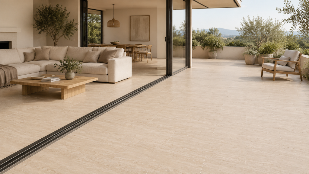 Sala contemporánea conectada con terraza exterior mediante piso cerámico beige de apariencia natural.
