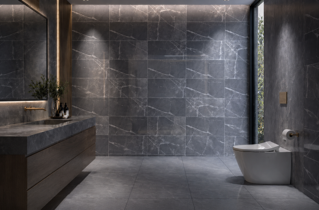 Baño contemporáneo con paredes revestidas en cerámica oscura de apariencia marmoleada.