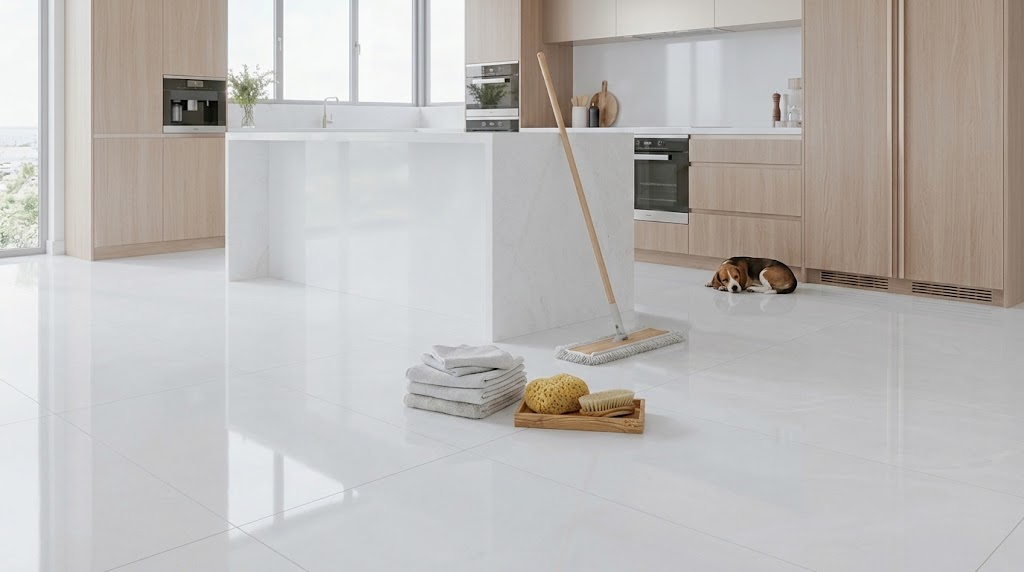 Mascota en cocina moderna con piso cerámico claro y elementos de limpieza.