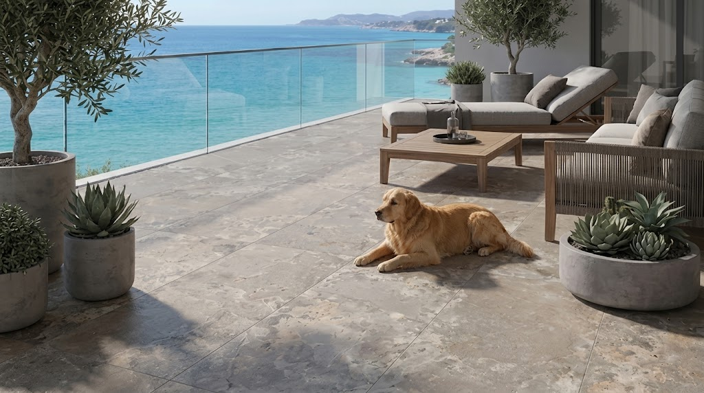 Mascota descansando en terraza con piso cerámico y vista al mar.