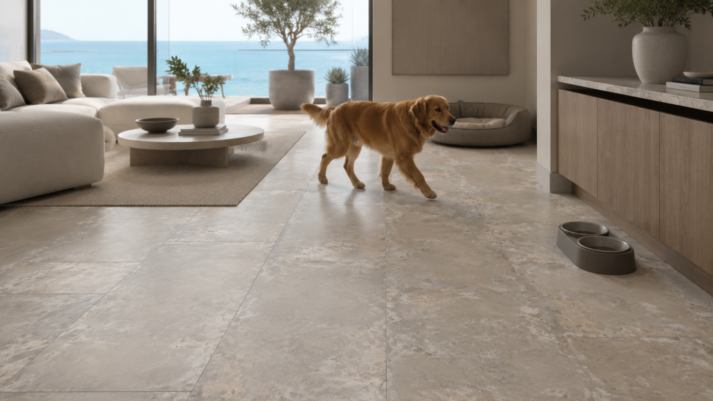 Mascota caminando sobre piso de inspiración pétrea en un hogar contemporáneo.