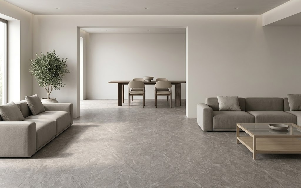 Especificación de materiales para continuidad visual entre sala y comedor.