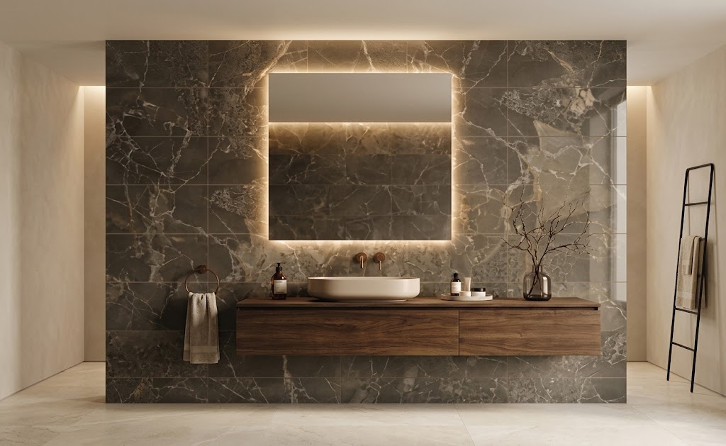 Revestimiento 30 × 60 inspirado en mármol en pared contemporánea