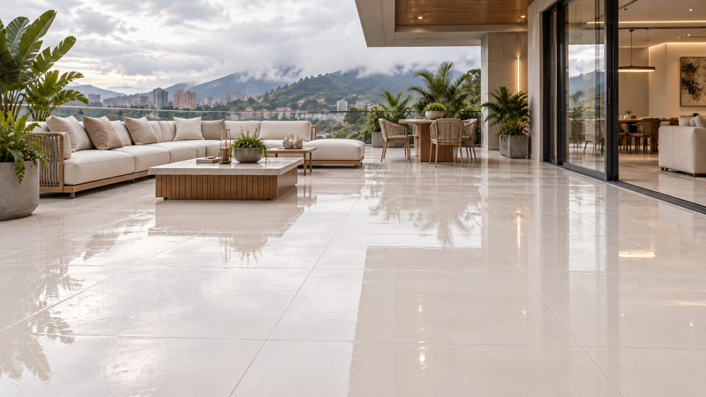 Piso para exterior en terraza contemporánea expuesta a lluvia
