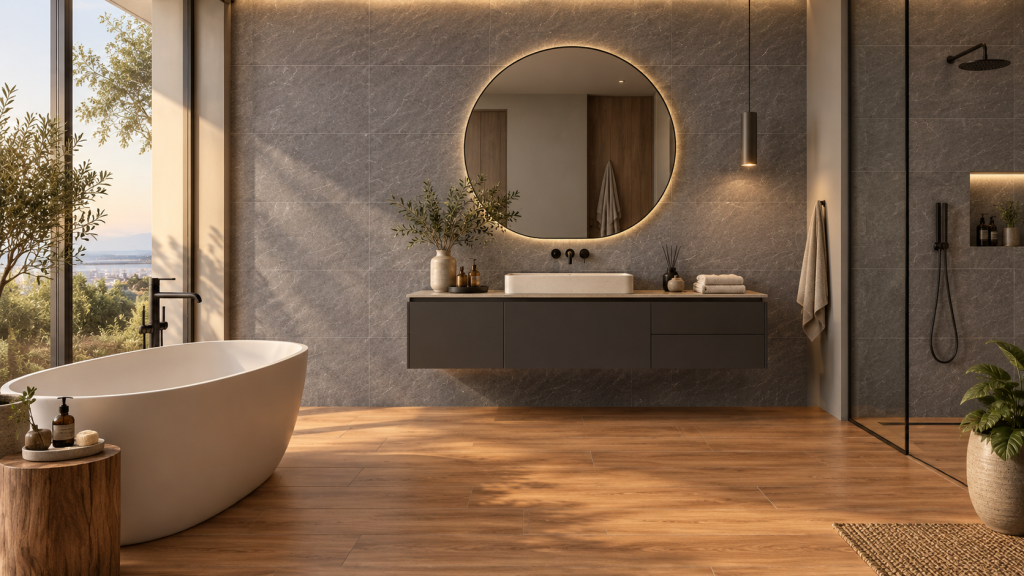 Baños modernos oscuros con pared gris y piso inspirado en madera