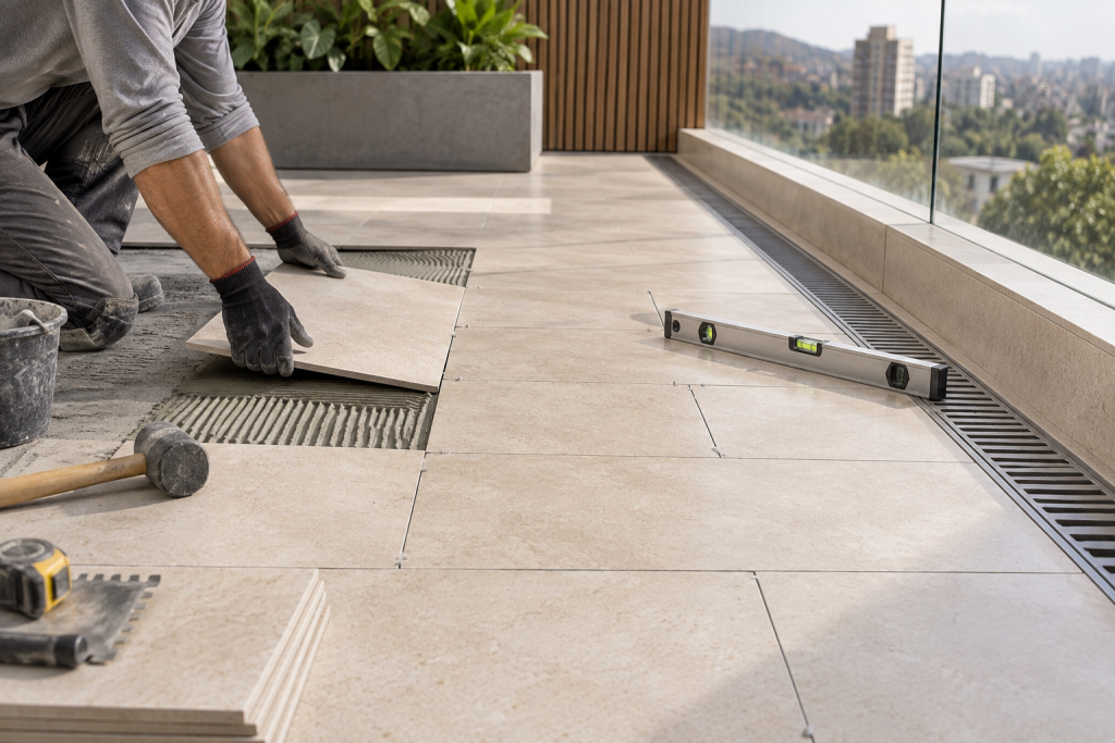 : Instalación de piso exterior con planificación de pendiente y desagüe