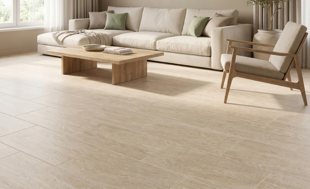 Especificación de materiales con superficie Zona Dual 30 × 60 en sala contemporánea.